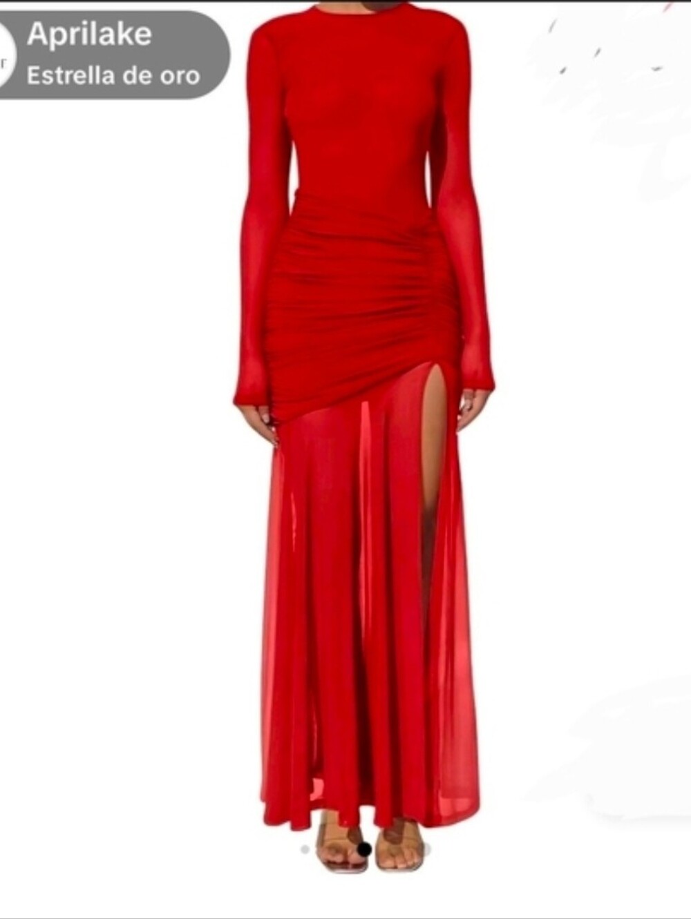 Red Long-Sleeve Sheer Maxi Dress with Ruched Skirt
